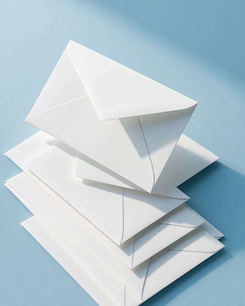 Fanned stack of white envelopes on a pale blue surface