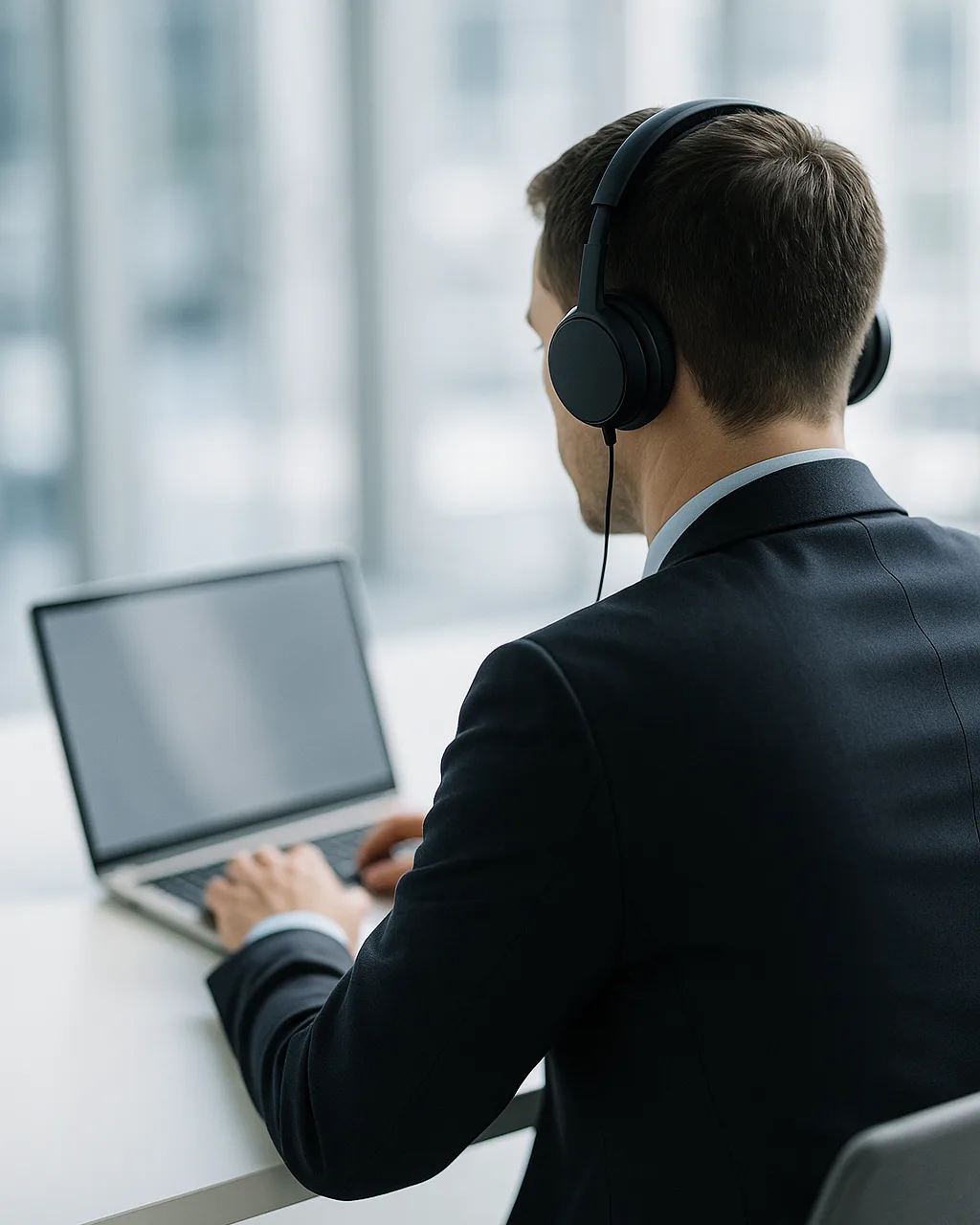 Agency owner wearing headphones working at a laptop in a bright office